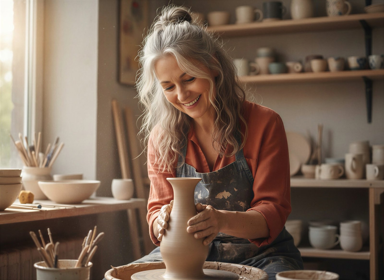 A potter at her wheel, lost in it