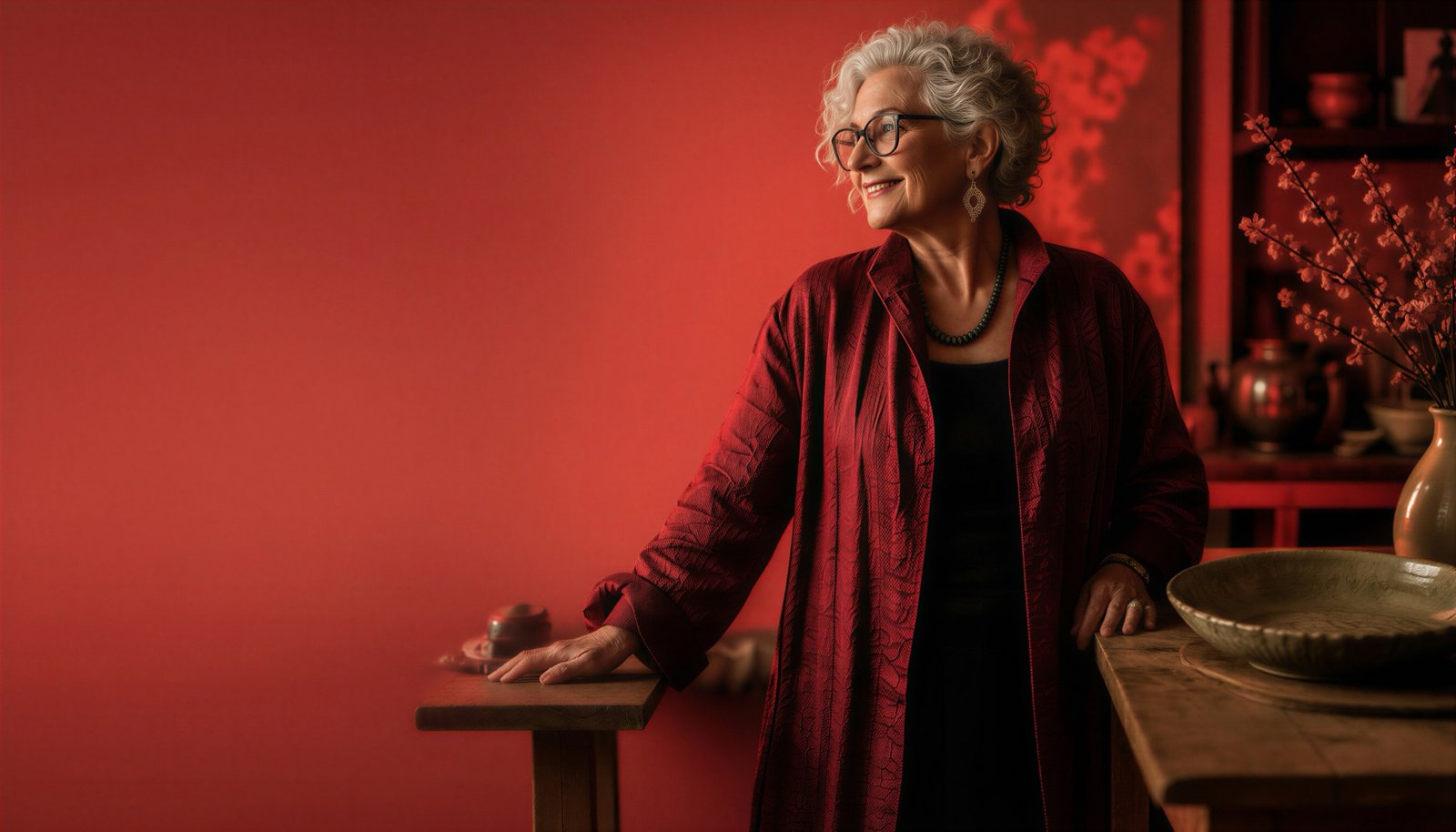 A maker in a red coat at her bench, looking across the room