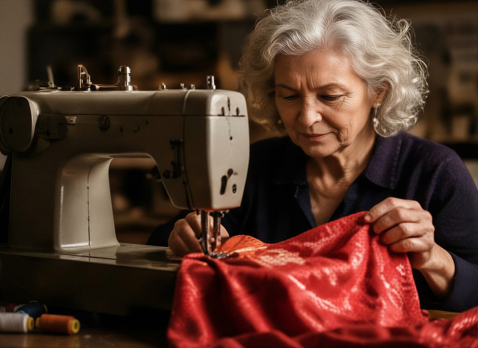 A maker at her sewing machine, red silk running under her hands