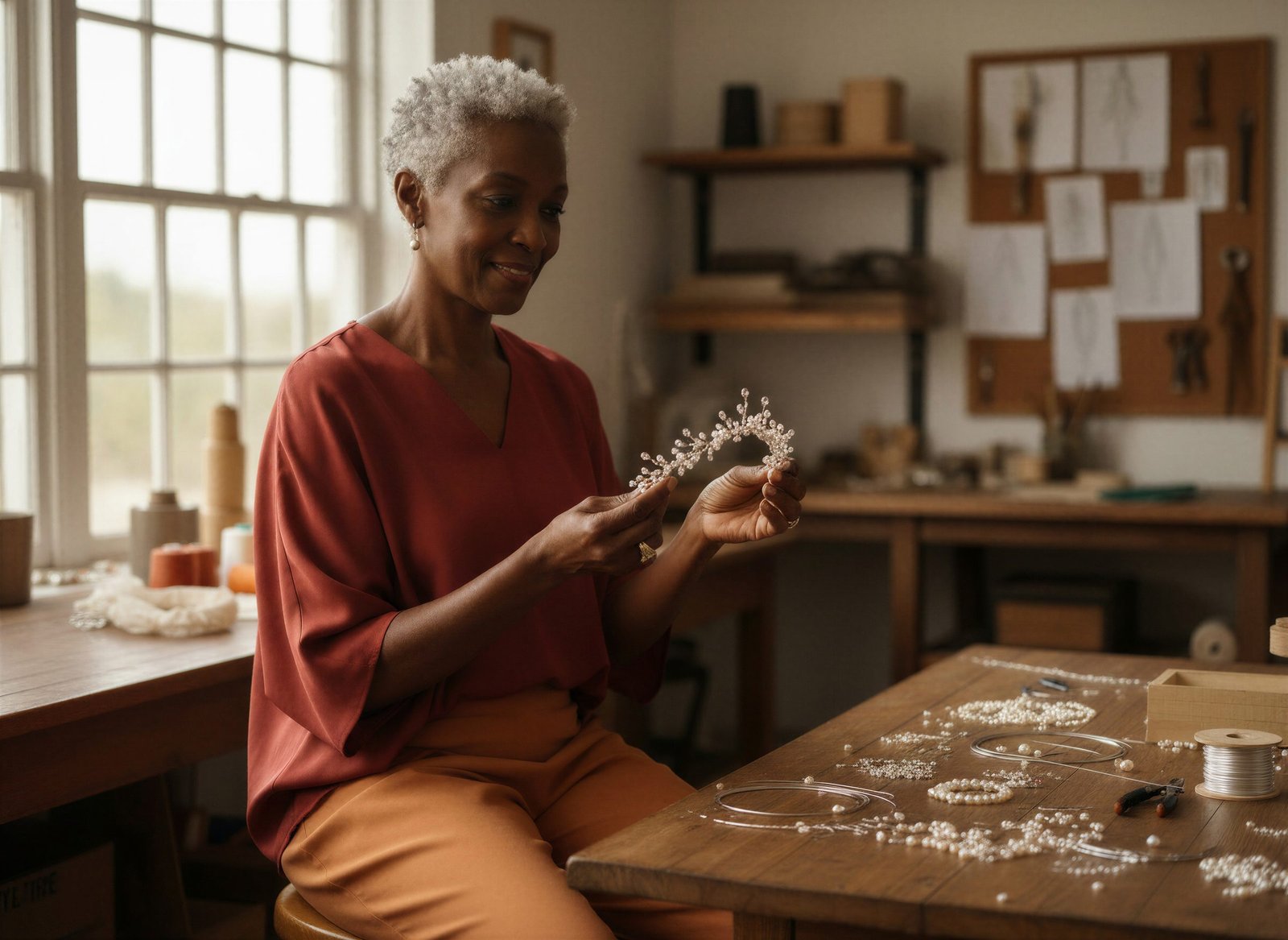 A maker at her window, holding up a tiara she is finishing